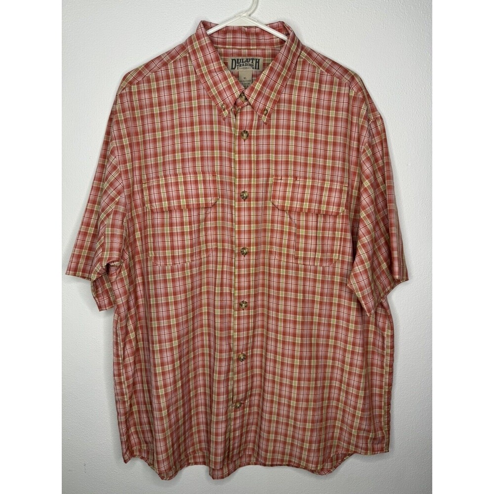 Duluth Trading Short Sleeve Button-Down Shirt Orange Plaid Outdoor Mens Size XL
